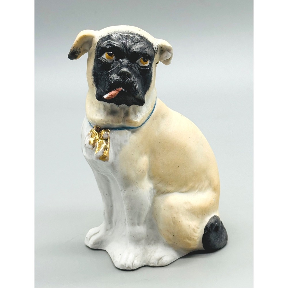Antique Chalkware Pug Dog Black Mask Face Tongue Sticking Out Blue Gold Collar